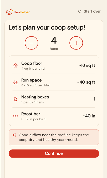HenHelper coop setup planner screen.