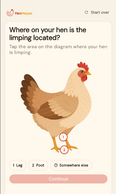 HenHelper chicken body map screen for selecting symptoms.