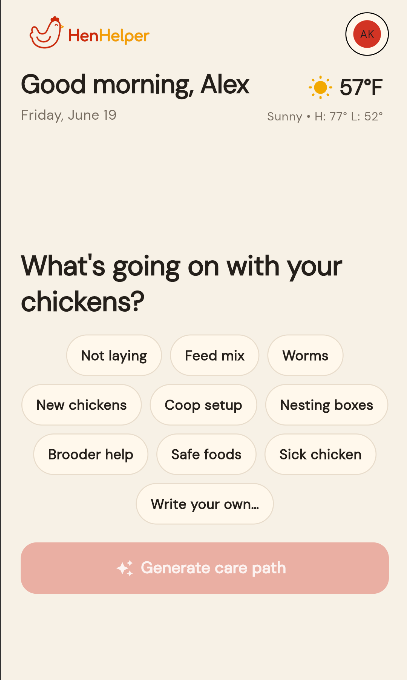 HenHelper prompt screen asking what is going on with the flock.